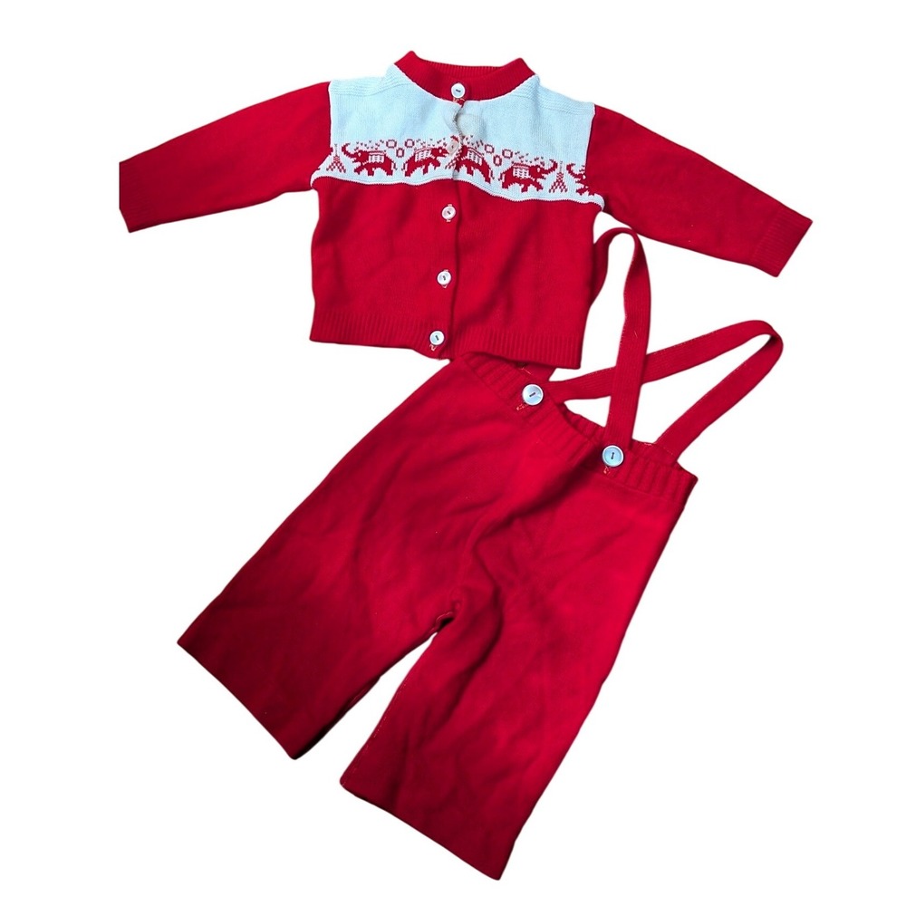 VTG Toddler Knit Outfit Set Red Elephant Cardigan Suspender Pants 1 Year